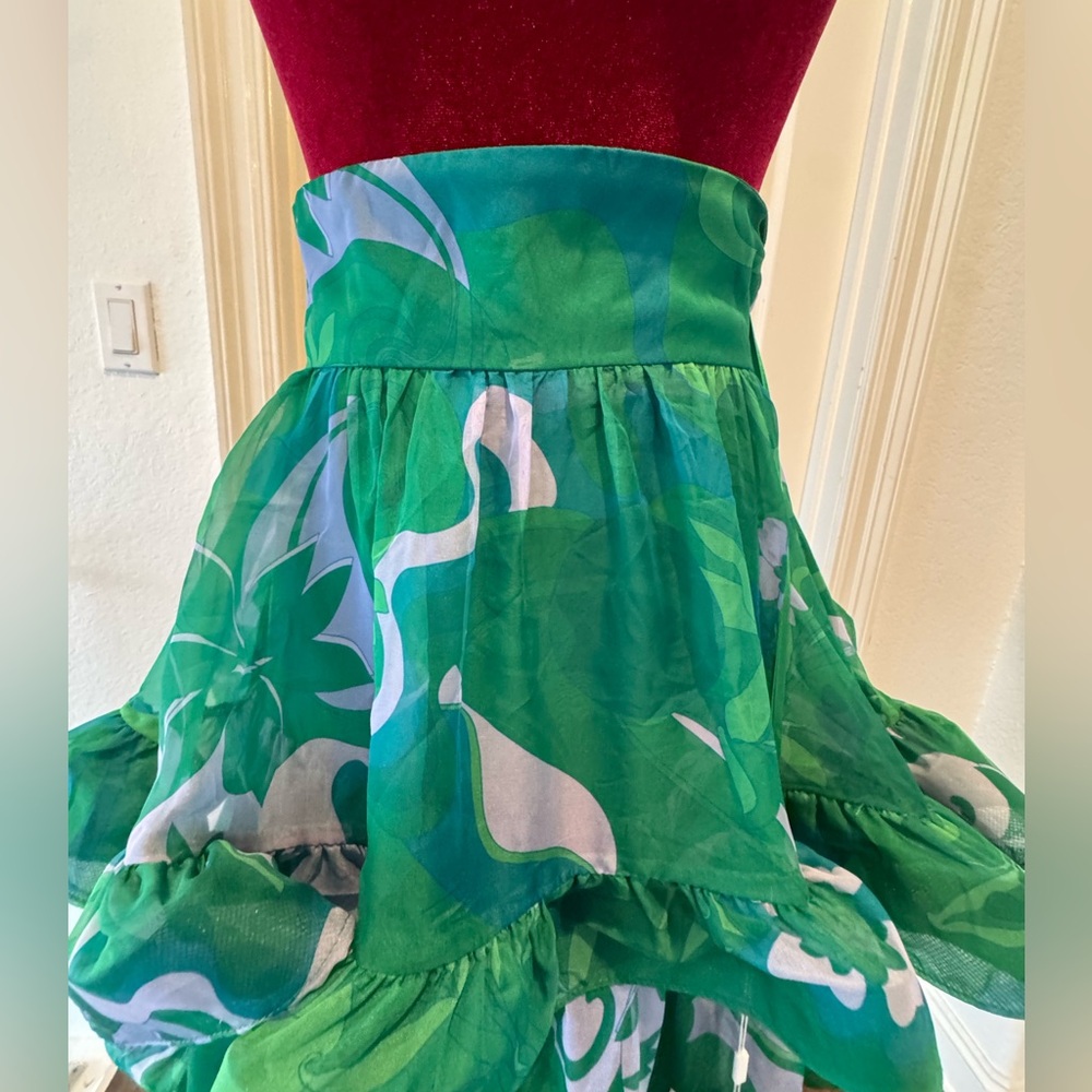 🦄 NWT Mac Duggal Sz 2 Printed Chiffon Green Floral A-Line Tiered Ruffle Skirt - Picture 5 of 16